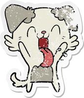 distressed sticker of a cartoon panting dog waving vector