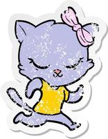 distressed sticker of a cute cartoon cat with bow vector