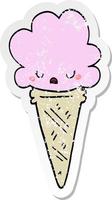 distressed sticker of a cartoon ice cream with face vector