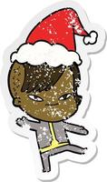 cute distressed sticker cartoon of a girl with hipster haircut wearing santa hat vector