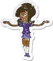 retro distressed sticker of a cartoon confused pretty girl vector