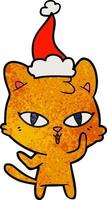 textured cartoon of a cat wearing santa hat vector