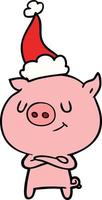 happy line drawing of a pig wearing santa hat vector