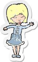 retro distressed sticker of a cartoon waving woman vector