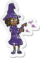 retro distressed sticker of a cartoon witch casting spell vector