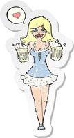 retro distressed sticker of a cartoon woman serving beer vector