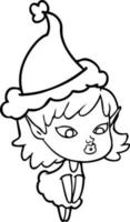 pretty line drawing of a elf girl wearing santa hat vector