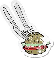 retro distressed sticker of a cartoon knife and fork in burger vector