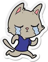 sticker of a crying cartoon cat running away vector