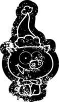 cheerful sitting pig cartoon distressed icon of a wearing santa hat vector