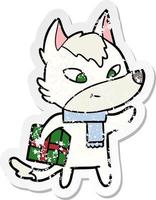 distressed sticker of a friendly cartoon christmas wolf vector