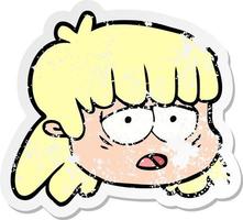 distressed sticker of a cartoon female face vector