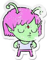 distressed sticker of a cartoon alien girl vector