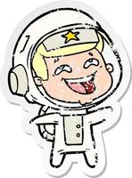 distressed sticker of a cartoon laughing astronaut vector