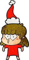 textured cartoon of a whistling girl wearing santa hat vector