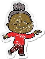 distressed sticker of a cartoon annoyed old lady vector