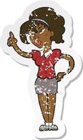 retro distressed sticker of a cartoon woman with idea vector