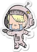 pegatina angustiada de una niña astronauta llorando de dibujos animados vector