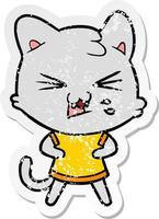 distressed sticker of a cartoon hissing cat vector