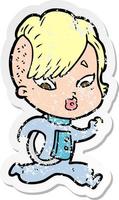 distressed sticker of a cartoon surprised girl vector