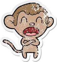 distressed sticker of a shouting cartoon monkey vector