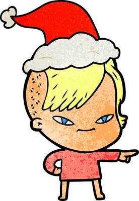 cute textured cartoon of a girl with hipster haircut wearing santa hat