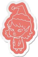 pegatina de dibujos animados de una niña elfa con orejas puntiagudas con sombrero de santa vector
