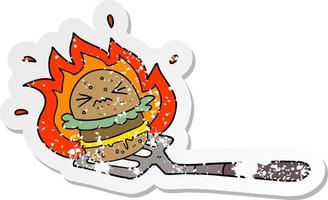 distressed sticker of a cartoon burger on spatula vector
