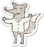 retro distressed sticker of a cartoon happy wolf wearing shirt vector