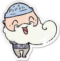 distressed sticker of a happy man with beard and winter hat vector