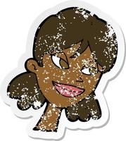 retro distressed sticker of a cartoon happy female face vector