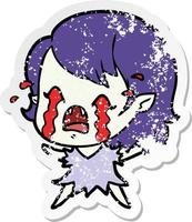 pegatina angustiada de una niña vampiro llorando de dibujos animados vector