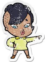distressed sticker of a cartoon surprised girl pointing vector