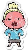 distressed sticker of a cartoon angry old woman vector