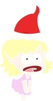 flat color illustration of a shocked elf girl wearing santa hat vector