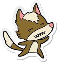 sticker of a cartoon wolf showing teeth whilst dancing vector