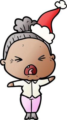 gradient cartoon of a angry old woman wearing santa hat