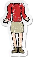 retro distressed sticker of a cartoon female body with shrugging shoulders vector