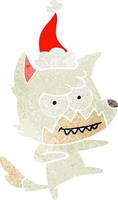 retro cartoon of a grinning fox wearing santa hat vector