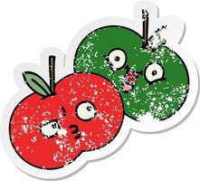 distressed sticker of a cute cartoon apples vector