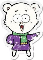 distressed sticker of a laughing teddy  bear cartoon in winter clothes vector