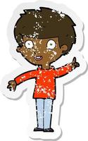retro distressed sticker of a cartoon boy with idea vector