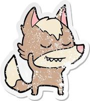 distressed sticker of a friendly cartoon wolf vector