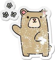 distressed sticker of a quirky hand drawn cartoon bear and flowers vector