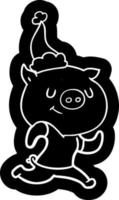 happy cartoon icon of a pig running wearing santa hat vector