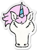 pegatina angustiada de un peculiar unicornio de dibujos animados dibujados a mano vector