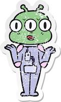 distressed sticker of a cartoon three eyed alien shrugging vector
