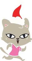 flat color illustration of a cat out for a run wearing santa hat vector