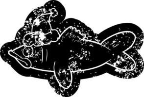 icono angustiado de dibujos animados de un pez con sombrero de santa vector