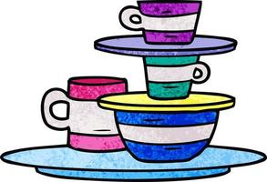 textured cartoon doodle of colourful bowls and plates vector